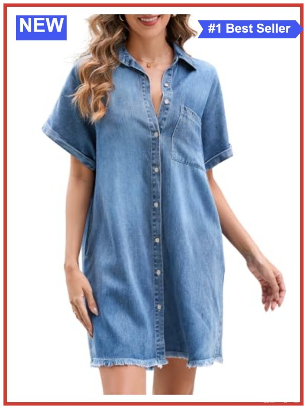 Women's Button Down Denim Dress Short Sleeve Fringe Hem Midi Casual Jean Dress